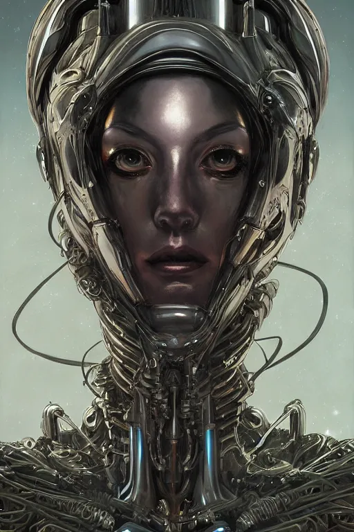 Image similar to portrait of mad alien robot queen, symmetrical, by yoichi hatakenaka, juan gimenez, brom, karol bak, alphone mucha, gustave dore, james jean, cgsociety and artstation, hd, 4 k, clear line