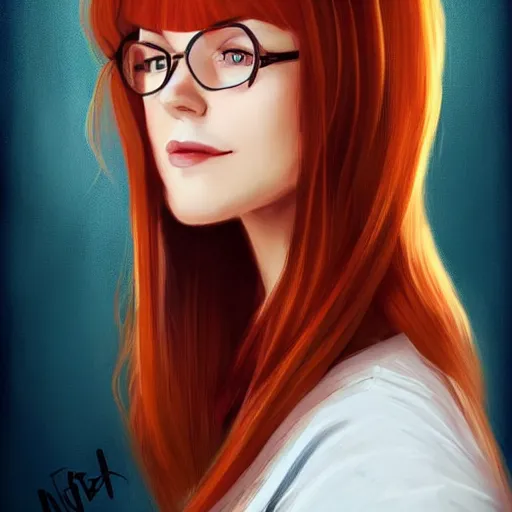 Image similar to a portrait of a young woman with auburn hair, smart, rich, traveling clothes, artist, artistic, shallan davar, blue eyes, beautiful, smiling, thick hair, dnd, rpg, shy, quick witted, artgerm style