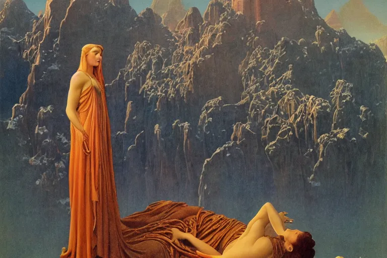 Prompt: The frozen God still couchant on the earth, and the sad Goddess weeping at his feet- until at length old Saturn lifted up his faded eyes, and saw his kingdom gone, and all the gloom and sorrow of the place, and that fair kneeling Goddess, matte painting by Maxfield Parrish