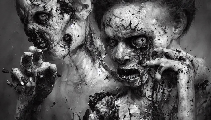 Prompt: zombies, thumbnail black and white, cgsociety, oil painting by jama jurabaev, extremely detailed, brush hard, artstation, high quality, brush stroke