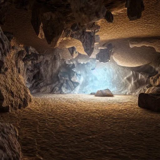 Image similar to dimly lit cave with crystals, raytracing, vray