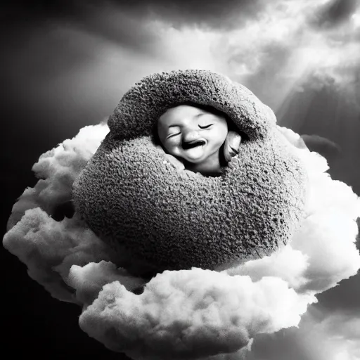 Image similar to happy chicken nugget resting on a cloud, dramatic lighting, high contrast