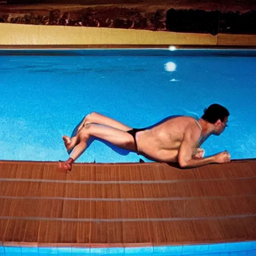 Prompt: they faked the moon landing!dream achilles in a swimming pool in peru, photo