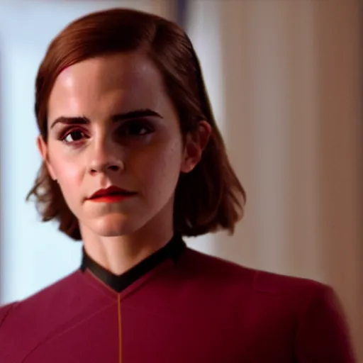 Image similar to Emma Watson in Star Trek, XF IQ4, f/1.4, ISO 200, 1/160s, 8K, Sense of Depth, color and contrast corrected, enhanced, Dolby Vision, symmetrical balance, in-frame