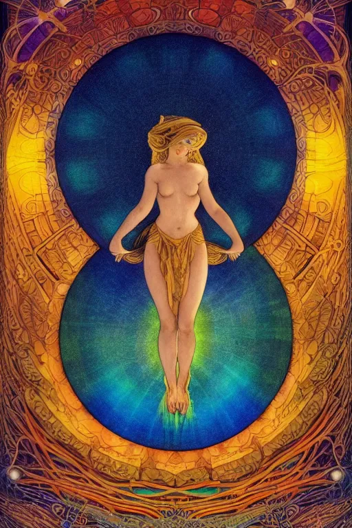 Prompt: beautiful goddess of space and dreams by maxfield parrish, mandala, coherent design, symmetrical, vivid colors, digital watercolor ink illustration painting, complementary color, golden ratio, detailed, sharp lines, sharp focus, intricate, rainbowshift, artgerm, gustave dore, alphonse mucha, octane render