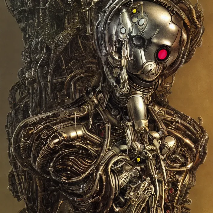 Prompt: in the art style of H.R. Giger a portrait of a brass and emerald Ultron from Age of Ultron, clockwork steampunk, head and chest only, by Beksinski, 4k, deviantart, trending on artstation