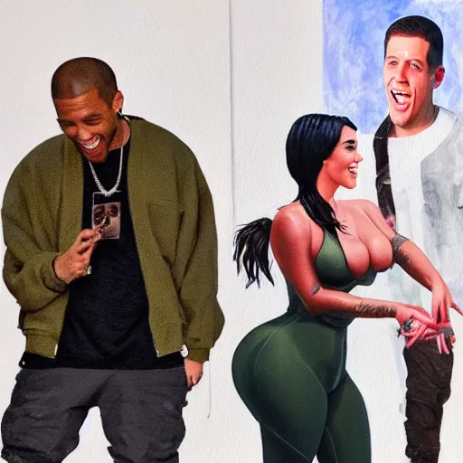 Image similar to kim kardashian and pete davidson pointing and laughing at kanye west, in the style of oil on canvas,