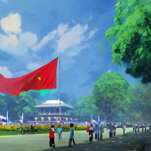 Image similar to rizal park with philippine flag futuristic, painting by makoto shinkai, featured on pixiv, deviantart hd