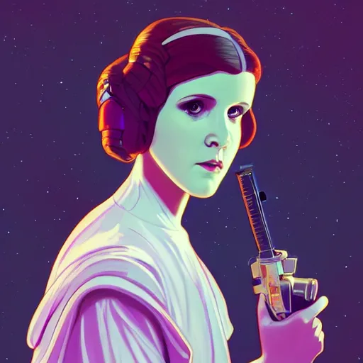 Image similar to Young Carrie Fisher as Princess Leia, ambient lighting, 4k, alphonse mucha, lois van baarle, ilya kuvshinov, rossdraws, artstation