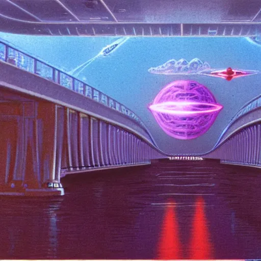 Image similar to floating holographic krang spaceship floating underneath rainbow gate bridge, art by bruce pennington, cinema still, film grain