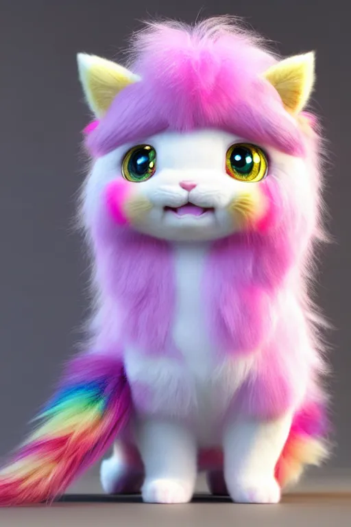 Image similar to high quality 3 d render hyperrealist very cute multicolor stripped fluffy! unicorn kitty, kittycorn, rainbow, hybrid highly detailed, vray smooth, in the style of detective pikachu, hannah yata charlie immer, dramatic pink light, low angle, uhd 8 k, sharp focus