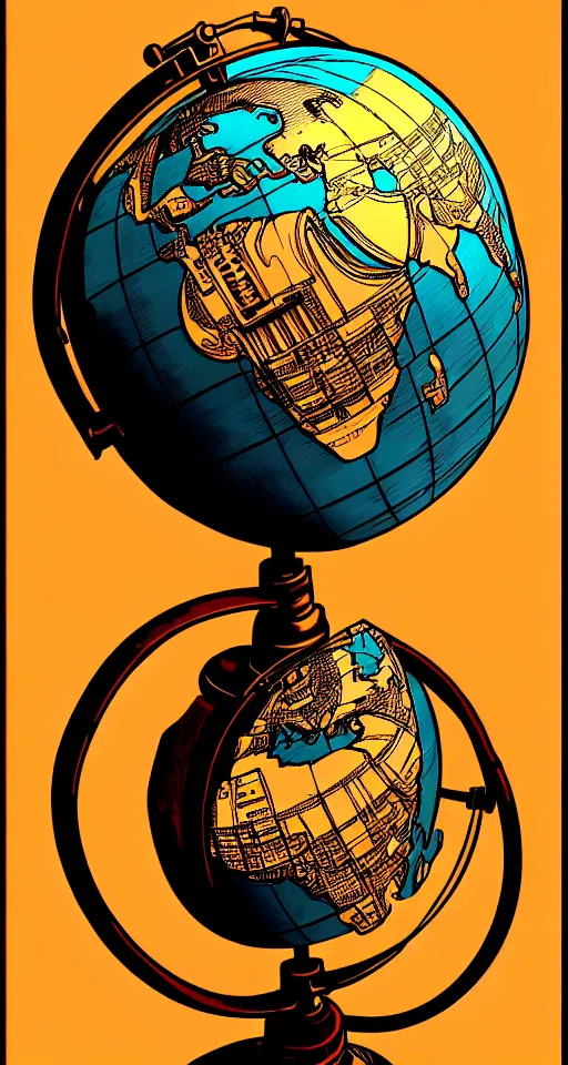 Image similar to steampunk rotating globe, high details, lineart, by vincent di fate, inking, 3 color screen print, masterpiece, trending on artstation, sharp, high contrast, hyper - detailed, photo realism, hd, 4 k, 8 k
