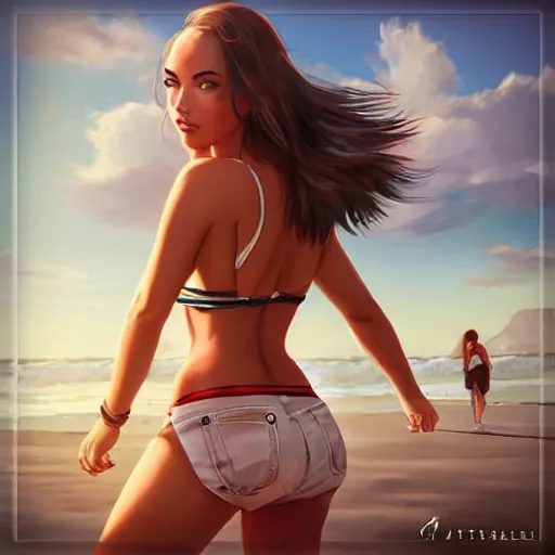 Image similar to beautiful gamer girl in daisy dukes on the beach making eye contact drawn by artgerm