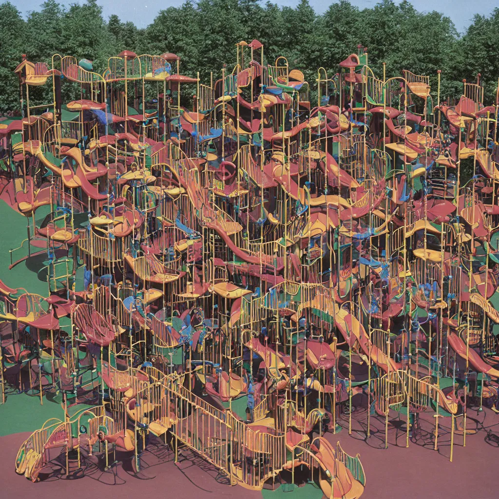 Prompt: full - color closeup 1 9 7 0 s photo of a large complex very - dense very - tall many - level playground in a crowded schoolyard. the playground is made of dark - brown wooden planks, and black rubber tires. it has many spiral staircases, high bridges, ramps, and tall towers.