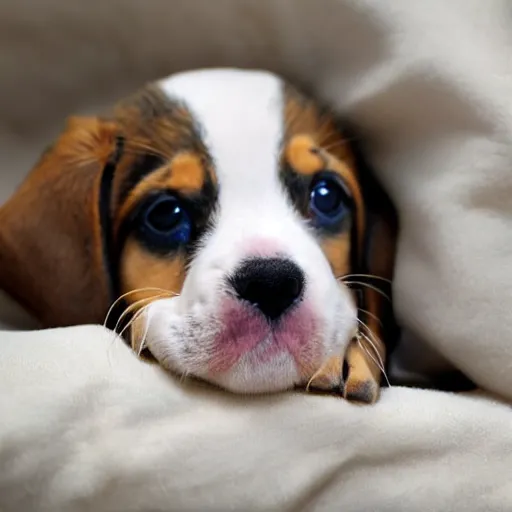 Prompt: a puppy in bed puts its paw over its eyes, hiding, the puppy doesn\'t want to go outside