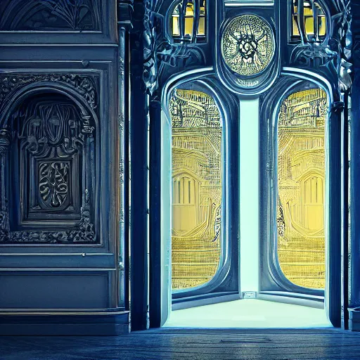 Prompt: carved futuristic door at the end of ornate steps shows a large window to a city detailing the vast architectural scientific ancient and cultural acheivements of humankind, magical atmosphere, renato muccillo, andreas rocha, johanna rupprecht, beardsley, octane render, cinematic blue and gold