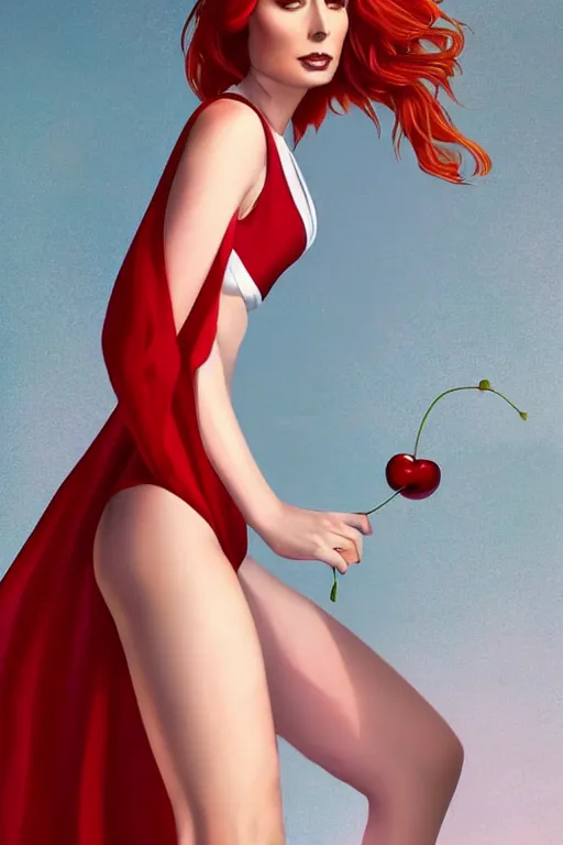 Image similar to beautiful elegant full body portrait of felicia day with fiery red hair wearing a sparkling cherry color one piece swimsuit and iridescent white silk cape, wlop, artgerm, artstation, backlit, marble background