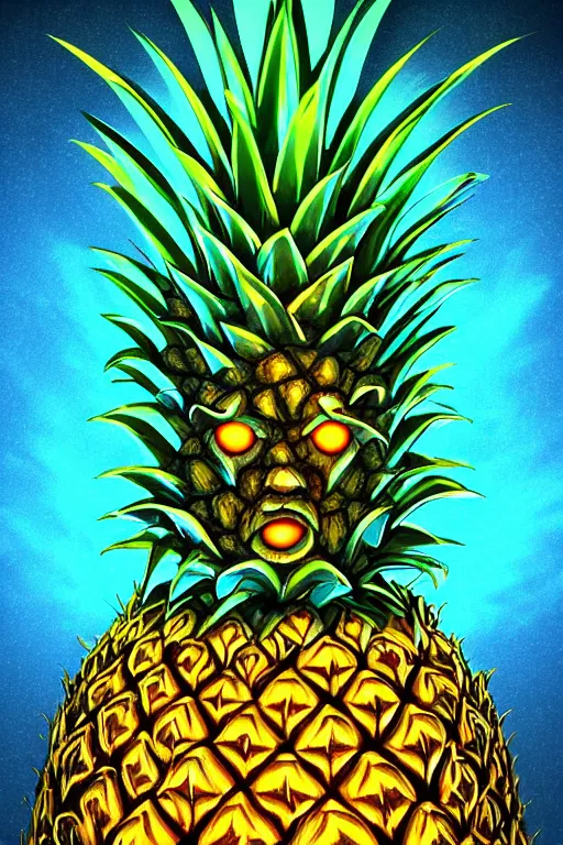 Image similar to glowing luminescent pineapple humanoid figure monster, symmetrical, highly detailed, digital art, sharp focus, trending on art station, amber eyes, autumnal colours