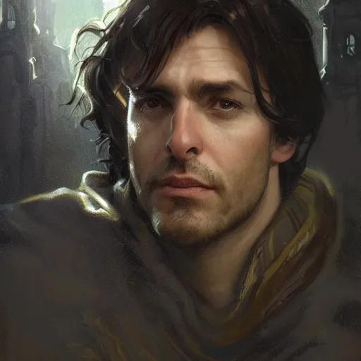Prompt: closeup portrait of an artificer, male, dark hair, wizard, serious face, dungeons and dragons character, dramatic lighting, castle background, gorgeous view, realistic, high detail, digital art, painted by greg rutkowski, painted by jeremy mann, painted by alphonse mucha, trending on artstation
