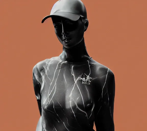 Image similar to dark black marble statue of a beautiful woman with colorful motocross logos in the style of virgil abloh, dark soft lighting, cinematic, very very beautiful, detailed, off white, heron preston, 8 k, 4 k, detailed, beautiful, symmetrical, vogue, editorial, fashion, magazine, museum lighting, night time, dark