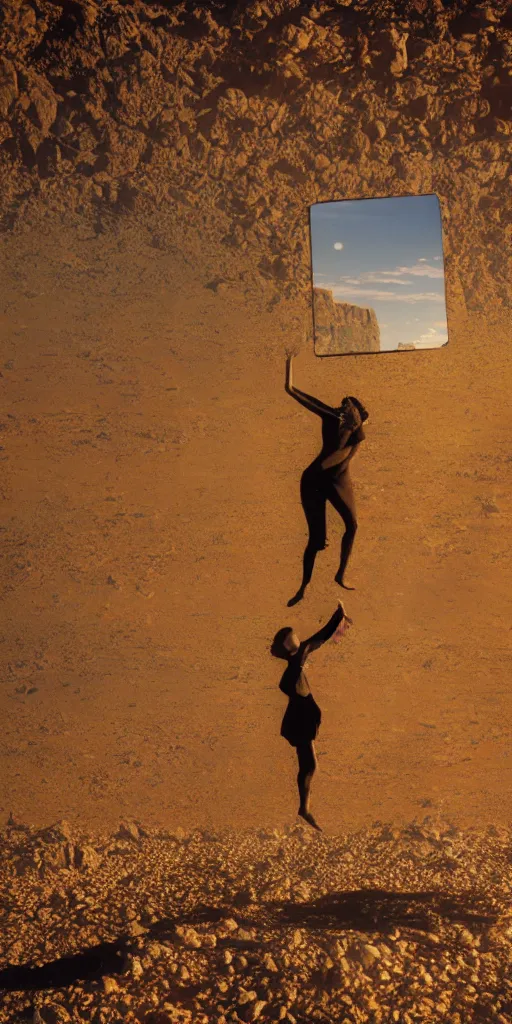 Prompt: levitating silhouette with full - face golden glowing mask in a dry rocky desert landscape, visible sky and sunny atmosphere, fata morgana and giant square mirrors by alejandro jodorowsky, anamorphic lens, kodakchrome, practical effects, masterpiece, 8 k