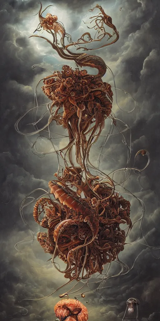 Image similar to an anatomical oil painting of a Harpy jellyfish from a medical journal by Nychos, Julie Bell, Peter Mohrbacher highly detailed, high detail, 8k, storm clouds, birds, dramatic lighting