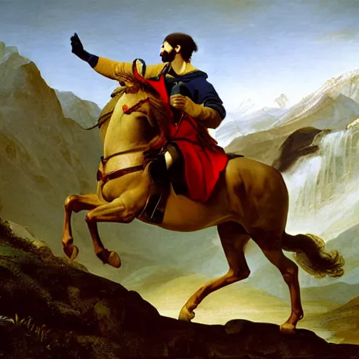 Image similar to steve jobs crossing the alps painting by jacques louis david.