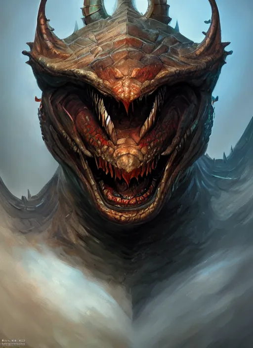 Prompt: portrait of an angry faitytale dragon the armor, beautiful face, hyper realistic, highly detailed, digital painting, artstation, illustration, concept art by hyung tae and frank frazetta, digital paint, matte paint, washed colors, eating cakes, dark, gloomy, foggy
