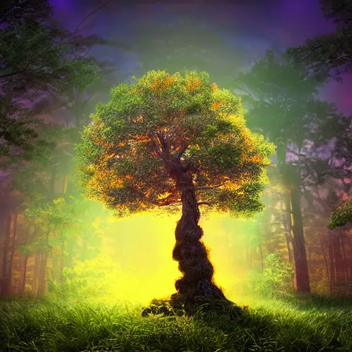 Prompt: a very detailed, highly rendered, highly photorealistic, spectacular, lively, warm tree standing in a thickly vegetated forest in a fantasy world, realistic, high definition, dreamlike light incidenc, holy light shining on it, during a colorful sunraise, award winning picture, trippy