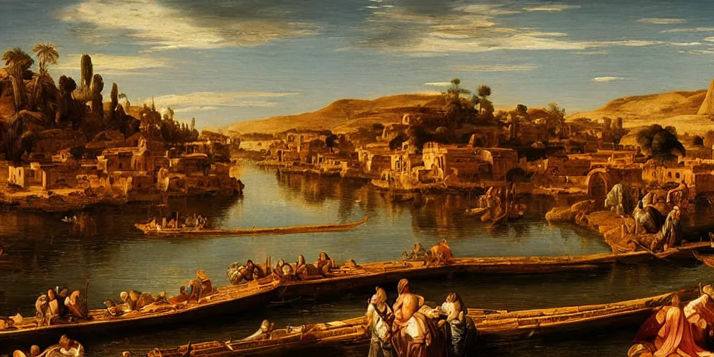 Image similar to Highly detailed and cinematic Renaissance period oil painting of the Nile, an oil painting ((masterpiece)) by ((Josep Tapiró Baró)), dynamic lighting, 8K