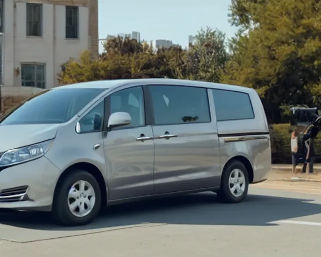 Prompt: tv commercial still, the most practical minivan in america, caption 'new low price, blarg fargle', cdx