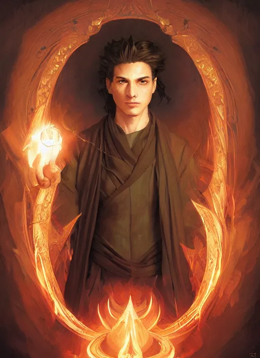 Image similar to character concept portrait of an attractive young focused Spanish wizard with pale orange skin conjuring an burning spell, a floating iridescent spell book in the center, intricate, elegant, digital painting, concept art, smooth, sharp focus, illustration, from Metal Gear, by Ruan Jia and Mandy Jurgens and William-Adolphe Bouguereau, Artgerm