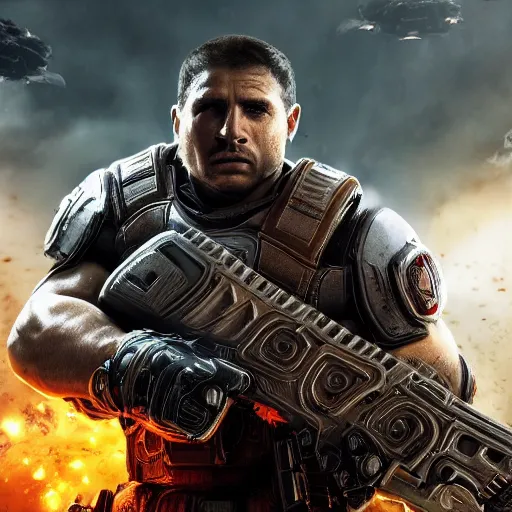 Image similar to guinea pig in gears of war, splash art, movie still, detailed face, photorealistic facial features, cinematic lighting, dramatic, octane render, long lens, shallow depth of field, bokeh, anamorphic lens flare, 8 k, hyper detailed, 3 5 mm film grain