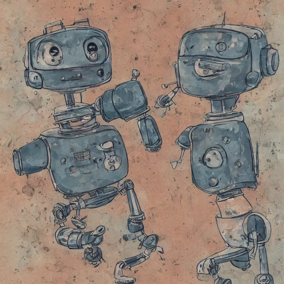 Image similar to a detailed illustration of a cute retro robot dog, alcohol inks on parchment, muted colors, detailed, textured parchment background, 1 9 5 0 s concept art