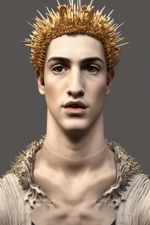 Image similar to a realistic porcelain full-head baroque style bust of handsome young seductive Spanish prince with a spiky hair, wearing a crown made out of woven pipe cleaners, suspended in outer space, photorealism, octane render, depth of field, 8k, 35mm, artgem, Trending on artstation