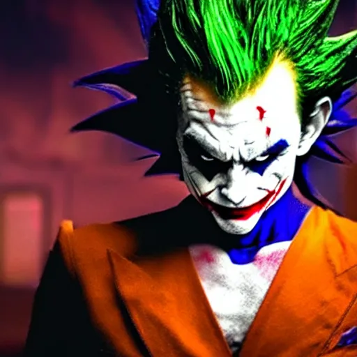 Image similar to stunning awe inspiring goku as the joker, movie still 8 k hdr atmospheric lighting