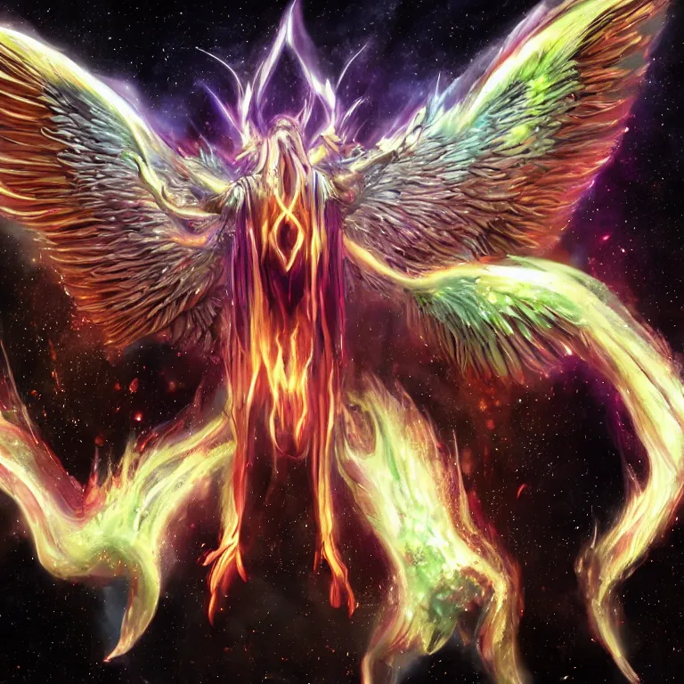 Image similar to a demon with huge nacreous fire wings