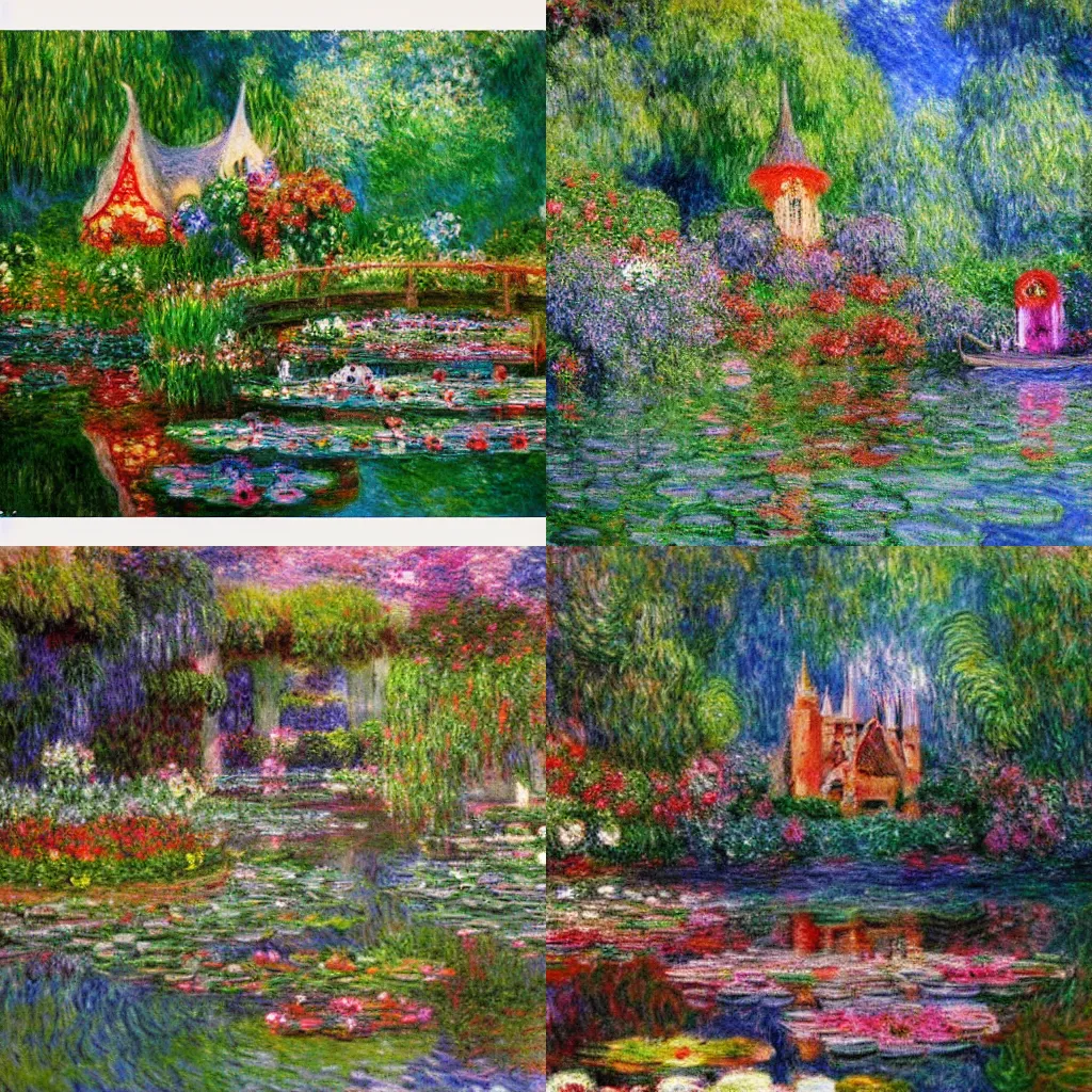 Prompt: fairy palace on the water, plants growing in the building, warm colors, scenes of the lord of the rings movie, monet painting style