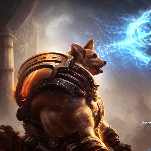 Image similar to portrait of corgi! as zeus the god of thunder, league of legends amazing splashscreen artwork, gears of war, splash art, natural light, elegant, photorealistic facial features, intricate, fantasy, detailed face, atmospheric lighting, anamorphic lens flare, cinematic lighting, league of legends splash art, hd wallpaper, ultra high details by greg rutkowski