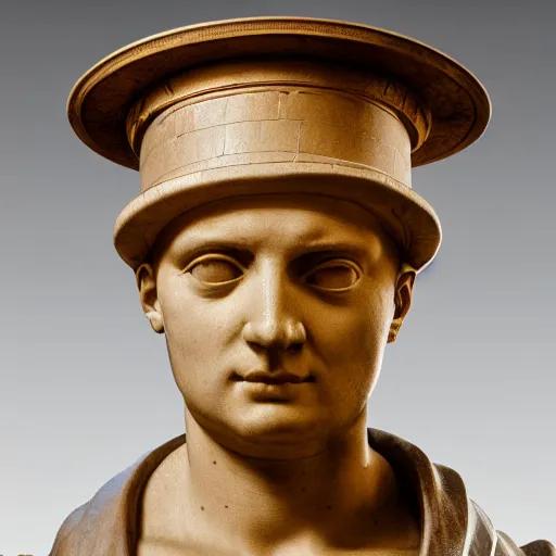 Prompt: a neon circle as a hat on a renaissance statue head, black background, ray tracing, 8 k resolution, sharp focus, hyper detailed, hyper realistic