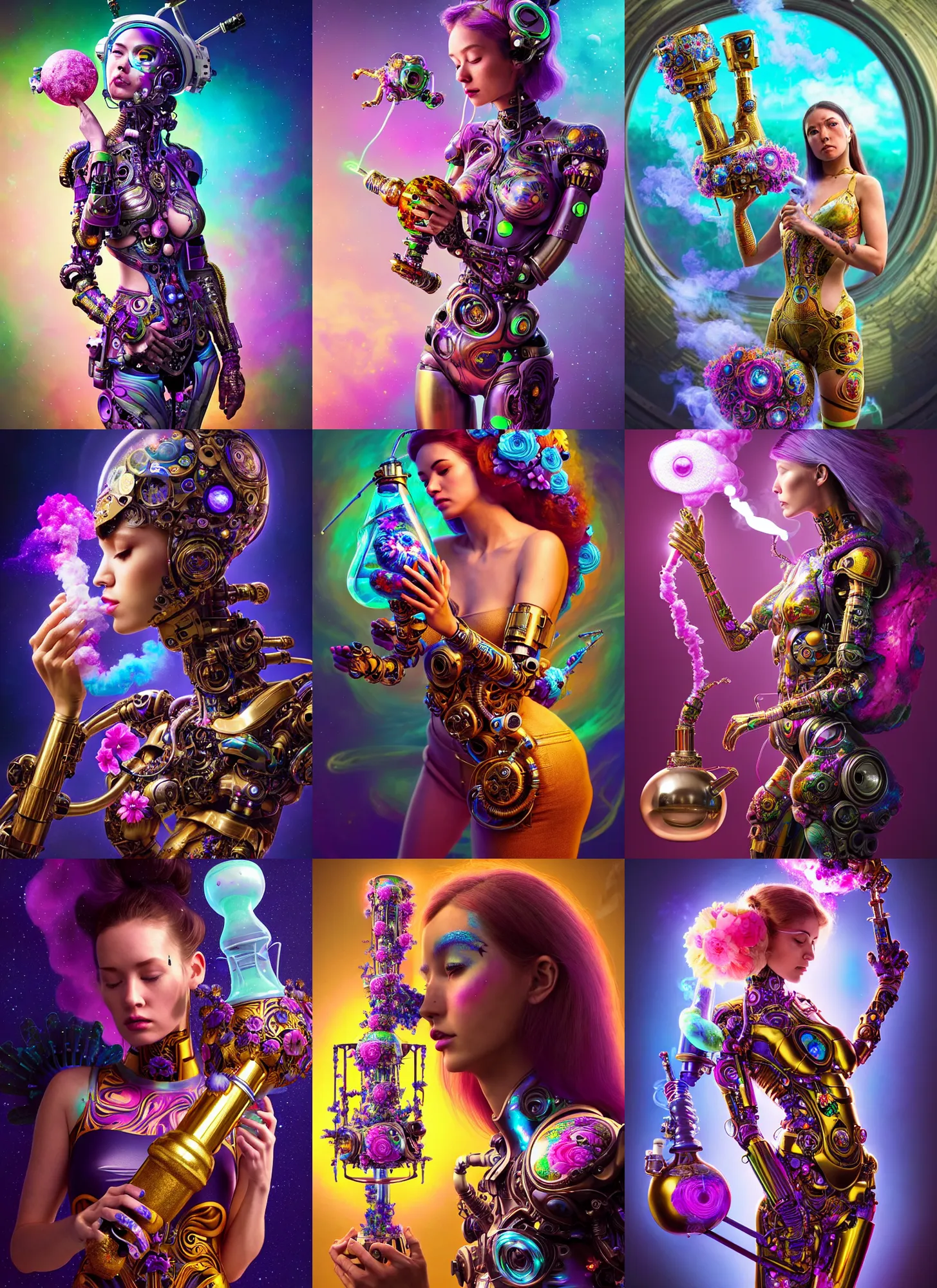 Prompt: polished lush galactic ornate floral edm cyborg woman smoking a gigantic mega bong : : weta disney pixar movie still photo : : hi - fructose, sci fi, decadent highly - detailed digital painting, golden ratio, octane render, artstation, smooth, sharp focus, artgerm mucha, loish, wlop : :