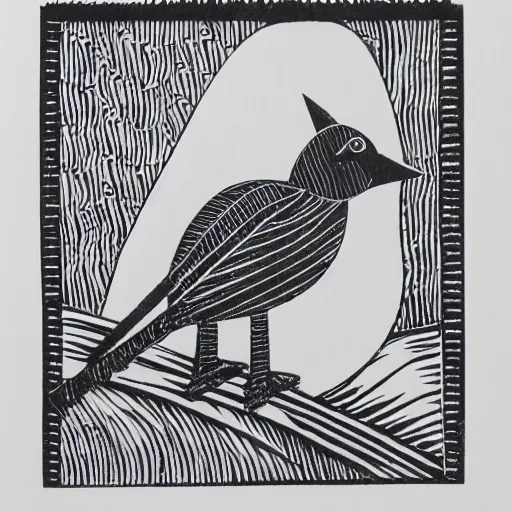 Prompt: block print bird in the style of strawcastle, black ink on white paper