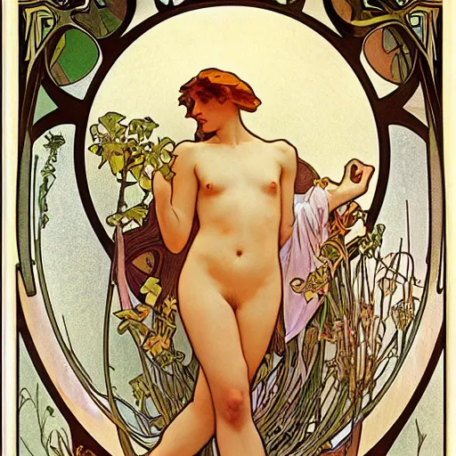 Prompt: narcissus and echo, painted by alphonse mucha