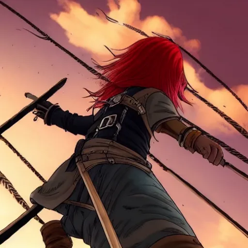 Image similar to sky-pirate with long red hair in front of a sky-ship, vinland saga, anime style