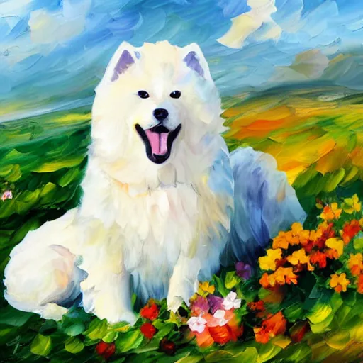 Image similar to a samoyed dog sitting next to a grey scottish fold cat in the middle of sunny meadow, by leonid afremov