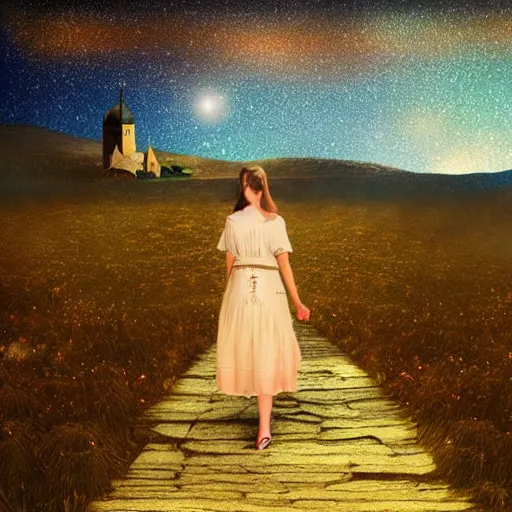 Image similar to most beautiful young face Gaelic woman walking under starry night, extremely detailed faces, photorealistic, cinematic