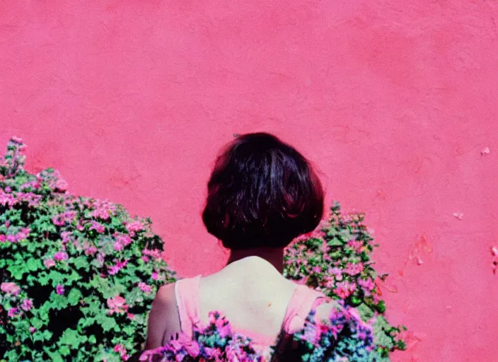 Image similar to extra close-up, color film photography, the back of a woman\'s head with interwoven flowers against a pink wall, daylight, 35mm