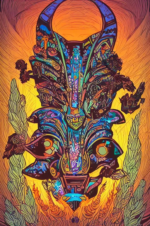 Image similar to animal mask totem roots flower tribal feather gemstone plant wood rock shaman vodoo video game vector cutout illustration vivid multicolor borderlands comics by josan gonzales and dan mumford radiating a glowing aura