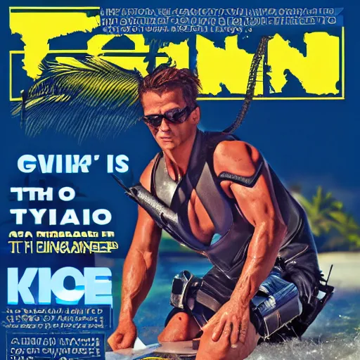 Image similar to terminator surfing in hawaii magazine cover