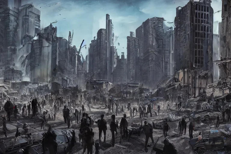 Prompt: Post-apocalyptic city scene with a blue sky and a crowd of people